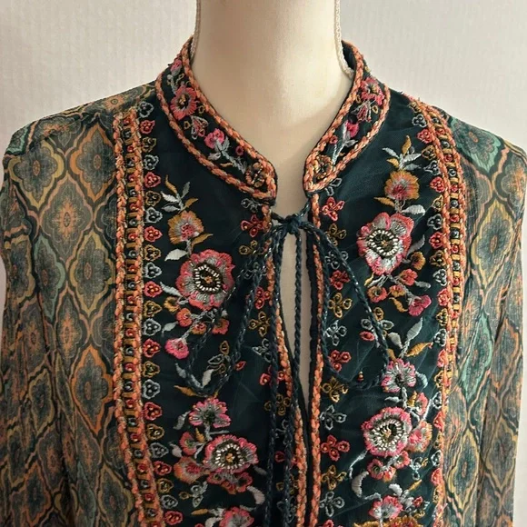 Soft Surroundings L/S Embroidered Embossed Emerald Shira Peasant Blouse Sz 3X - Picture 4 of 14